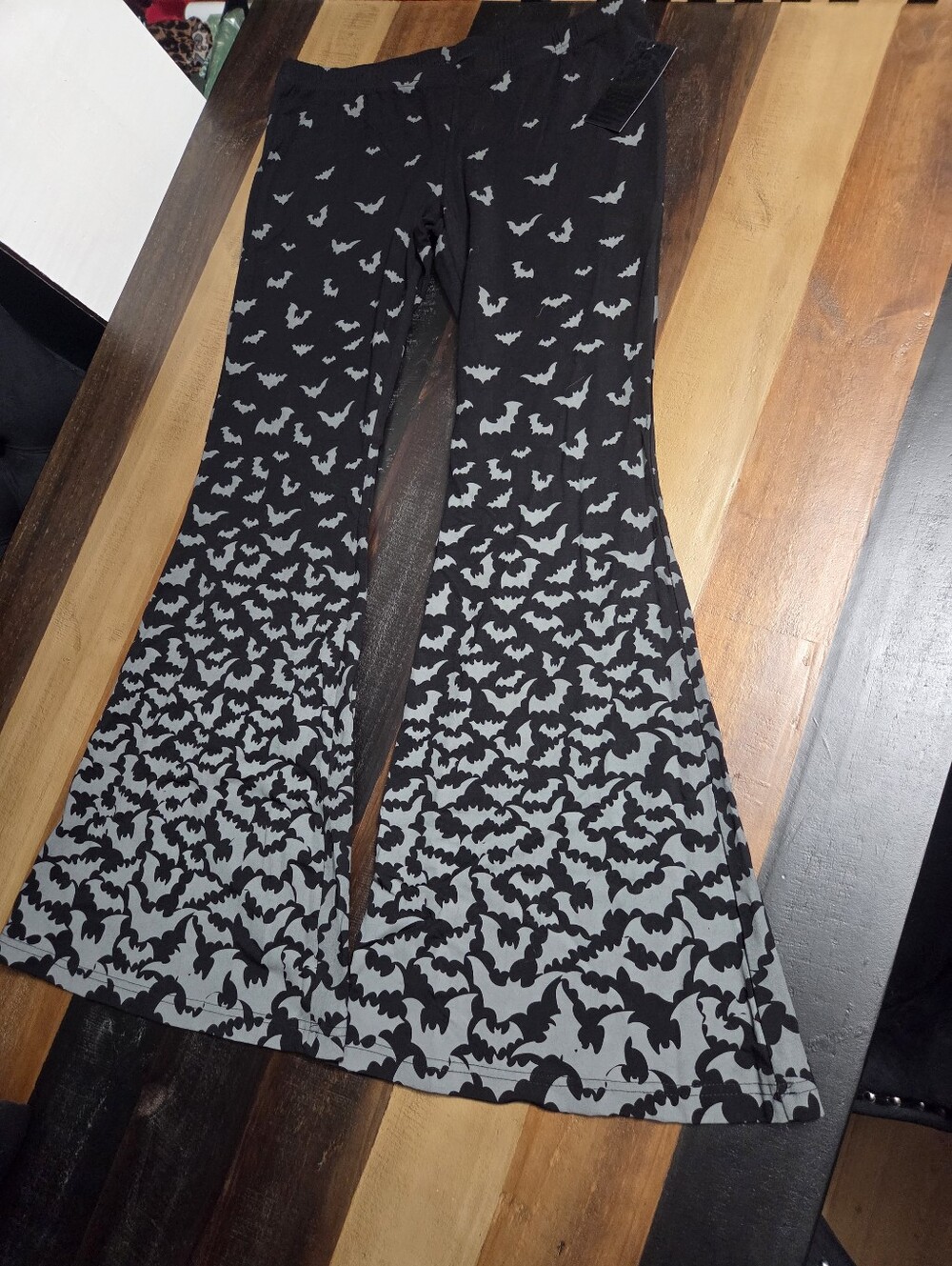 Black & Gray Bat Print Flared Pants - Picture 2 of 5